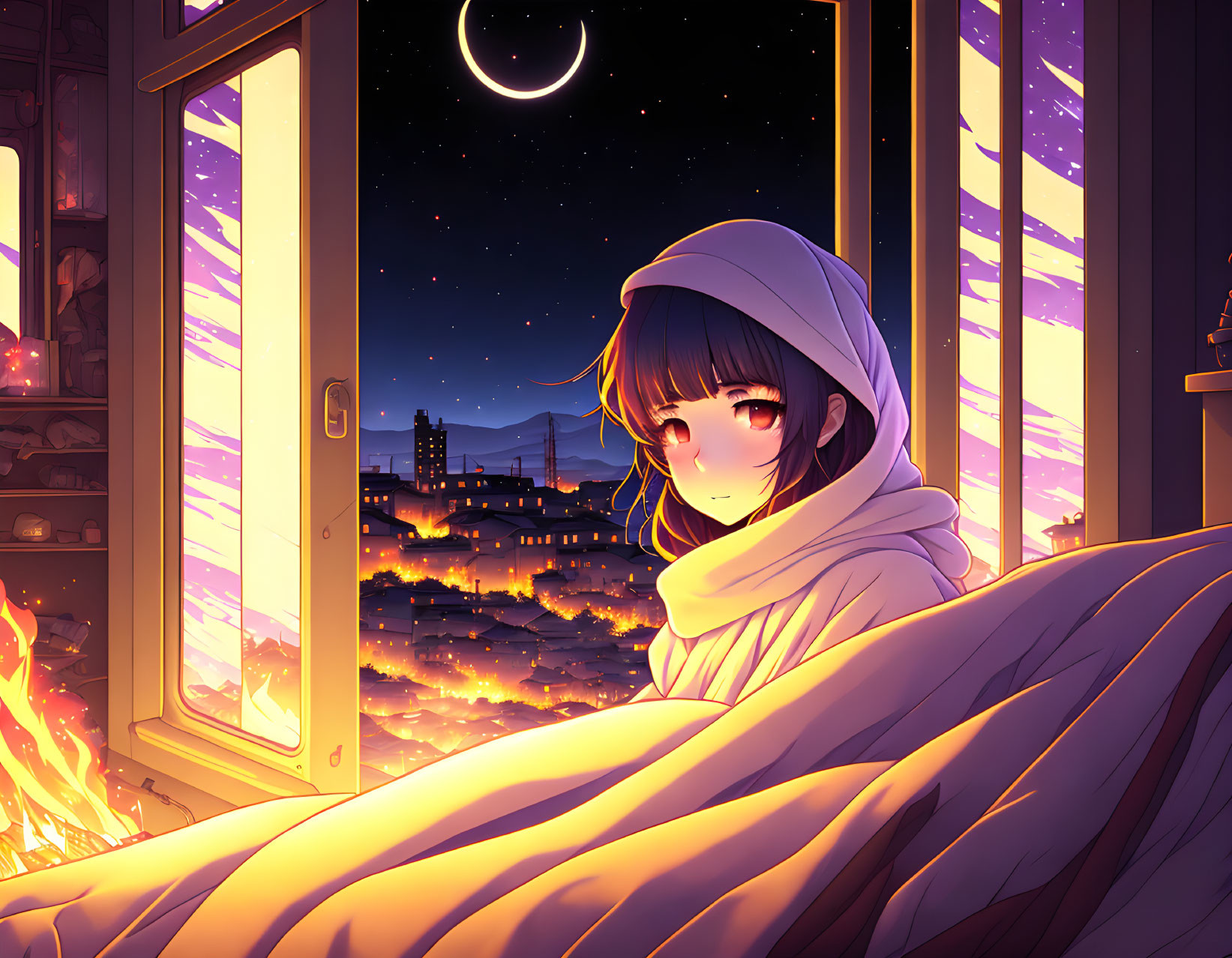 Person wrapped in blanket by fireplace gazes at starlit night sky with crescent moon