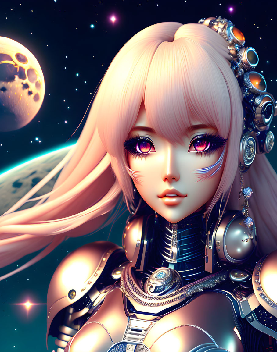 Detailed Female Android with Pink Hair & Purple Eyes in Cosmic Setting