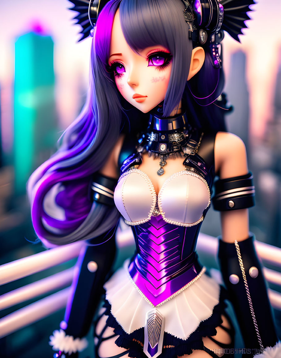 Purple-haired female anime character in gothic attire against futuristic cityscape