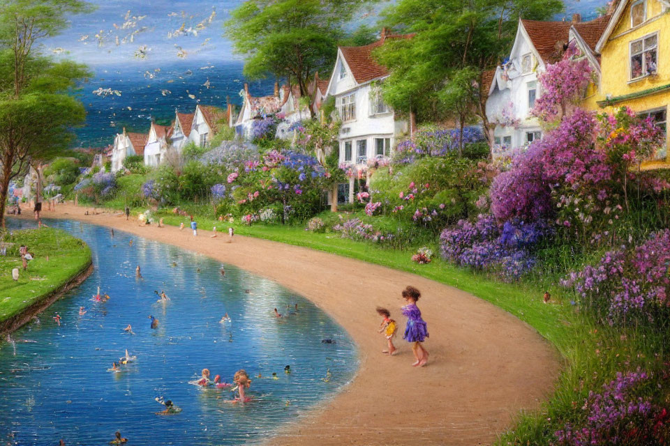 Colorful village painting by river with cottages, flowers, birds, and children playing.