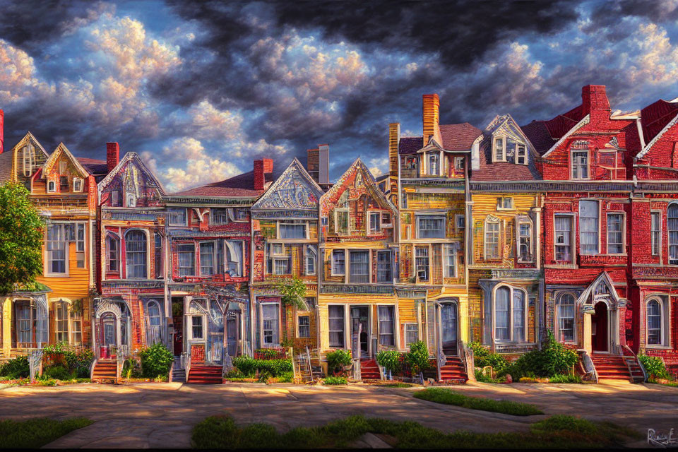 Colorful Victorian houses under dramatic sky with vibrant architectural details