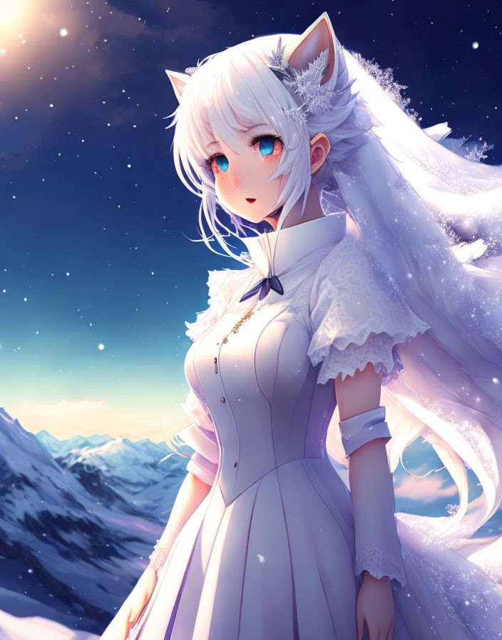 Anime-style character with white cat ears and tail, blue eyes, silver hair, white dress, under