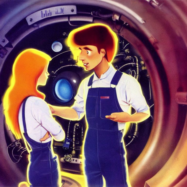 Male and female animated characters in overalls converse in futuristic tunnel setting