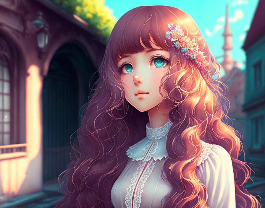 Anime-style illustration: Girl with blue eyes, wavy brown hair, flower accessories, white lace dress