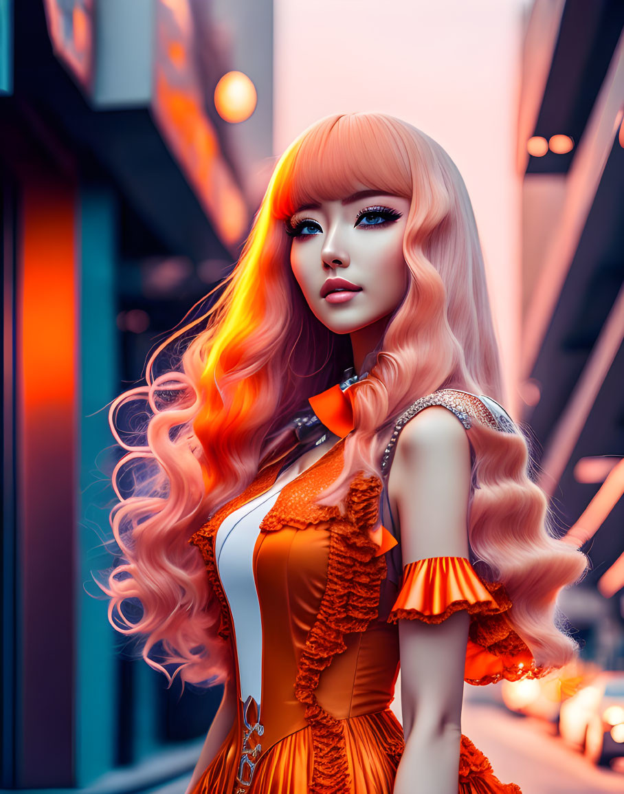 Digital artwork: Woman with orange wavy hair in ornate dress against futuristic cityscape