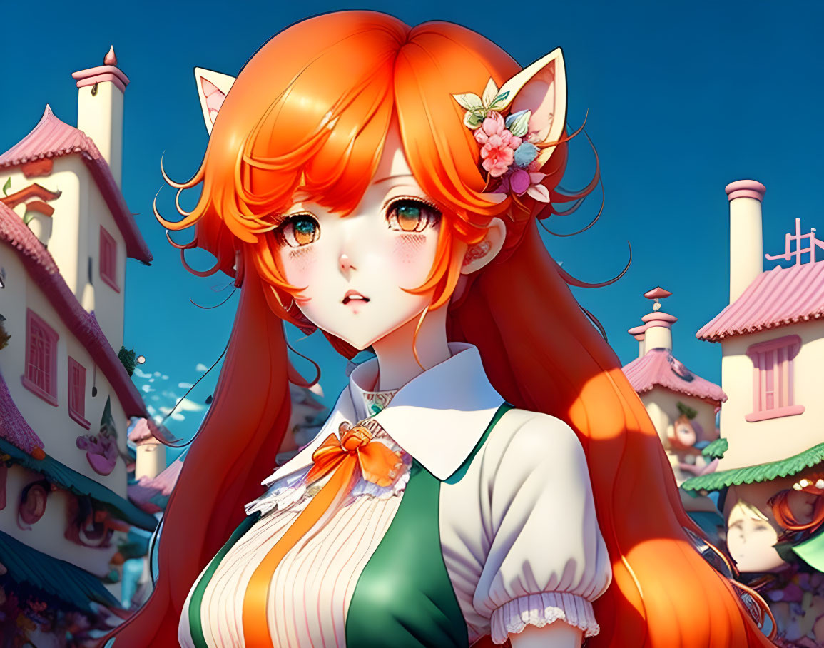 Orange-Haired Anime Character with Cat Ears in Green and White Outfit