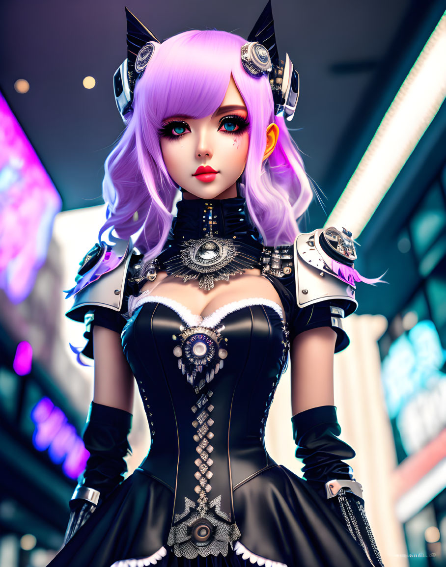 Purple-haired female character in futuristic attire against neon background