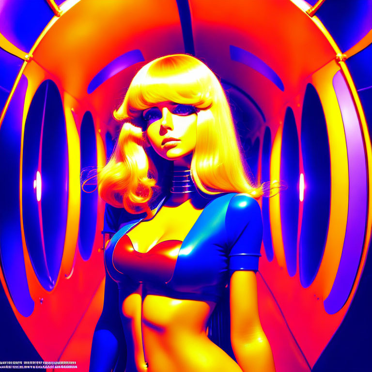 Futuristic figure in vibrant room with neon lights