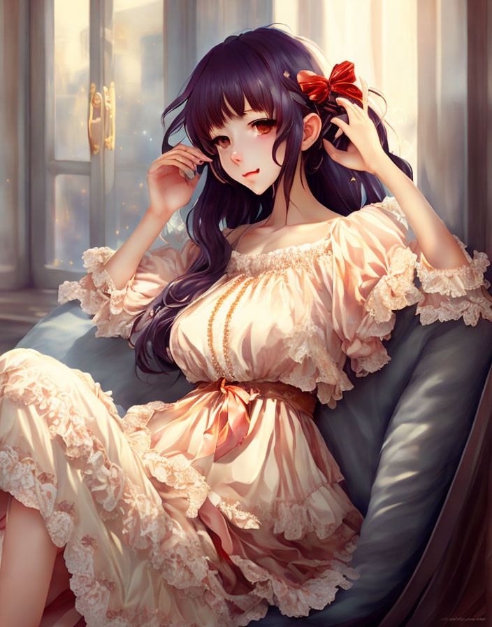 Illustrated female character with long dark hair in cream outfit by window.