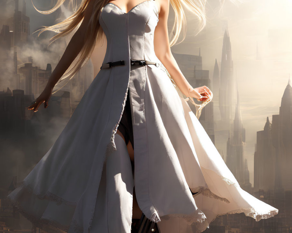 Female Android in White Dress with Blonde Hair Against Futuristic Cityscape