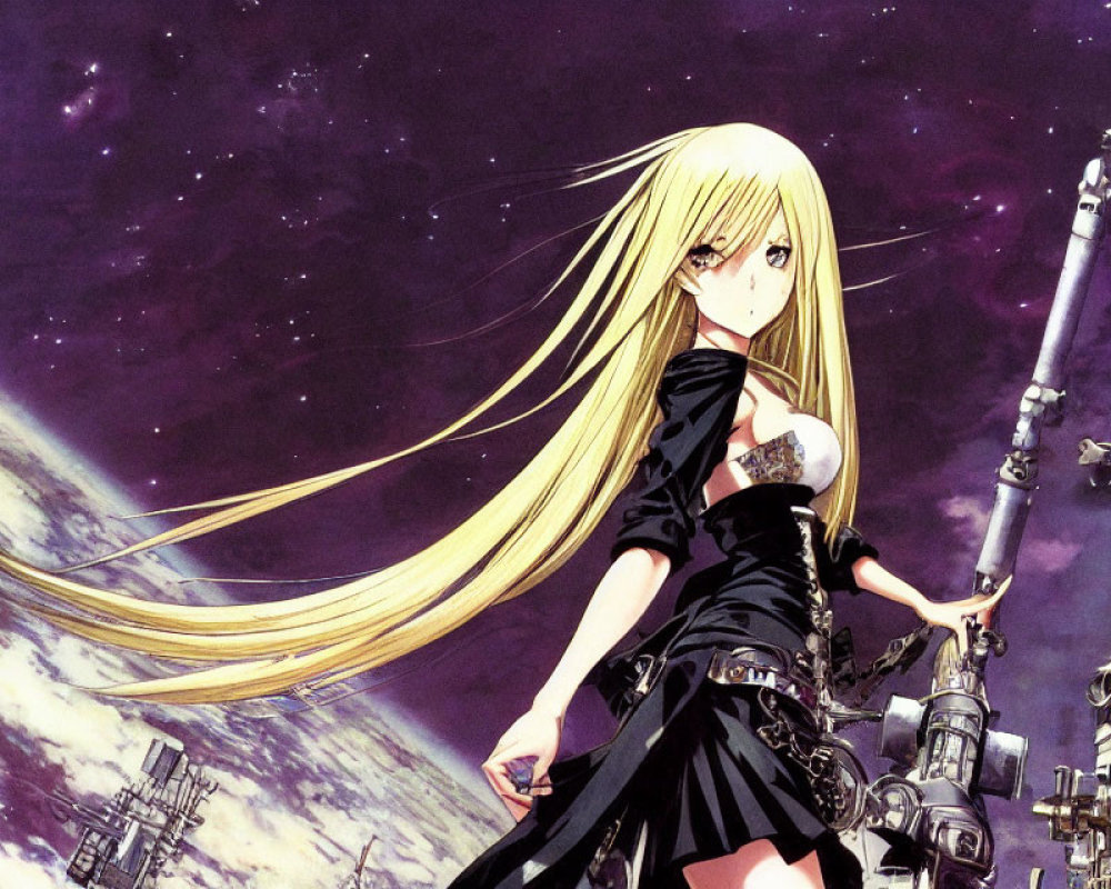 Blonde anime girl with long hair in black dress in front of space station and Earth.