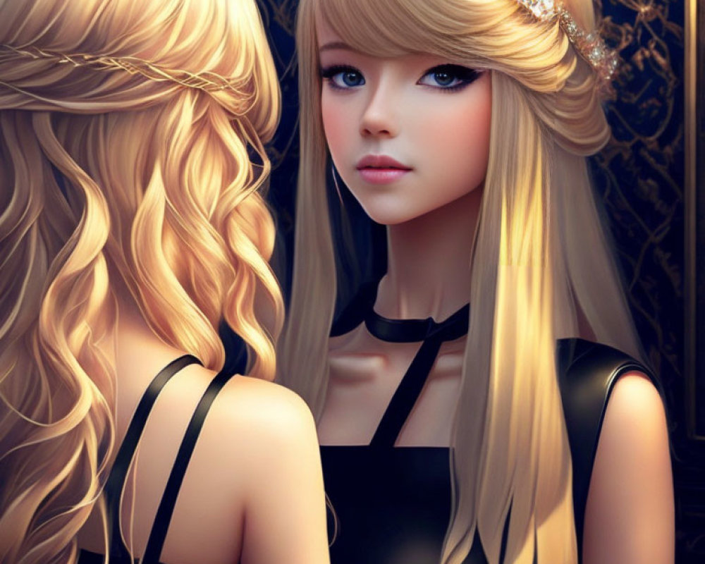 Digital artwork of young woman with long blonde hair, blue eyes, and dark dress gazing at mirror