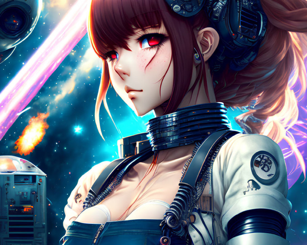 Cybernetic anime girl with advanced headgear and robotic companion in starry space.