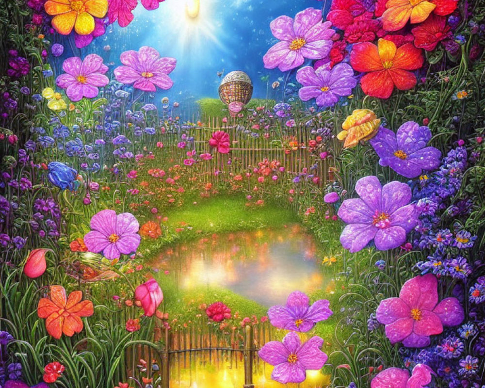 Colorful Flower Garden, Glowing Pond, and Starlit Hot Air Balloon