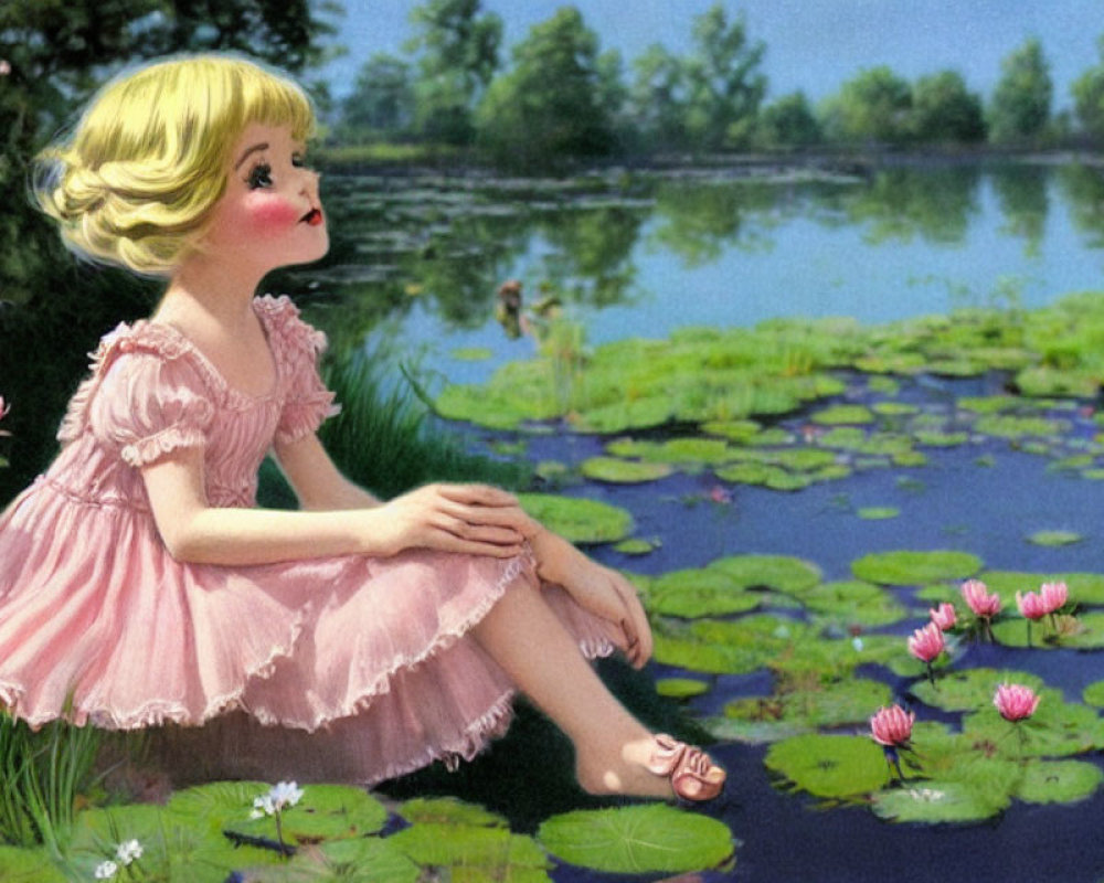 Vintage illustration of young girl in pink dress by pond with blooming water lilies.