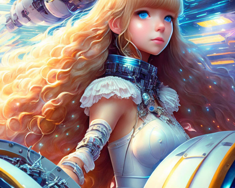 Blonde-haired female cyborg with robotic arms in futuristic setting