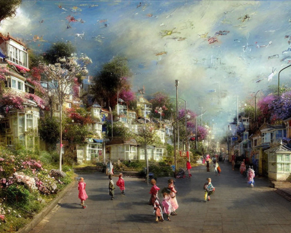 Colorful blooming trees and quaint houses on vibrant street with fantastical flying fish in dramatic sky.