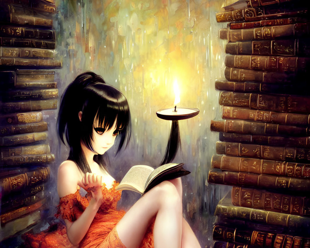 Girl in Orange Dress Reading Book Surrounded by Books and Candlelight