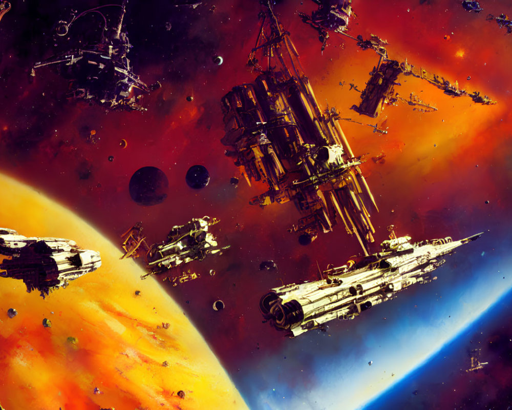 Colorful Space Scene with Spaceships, Station, and Nebulae