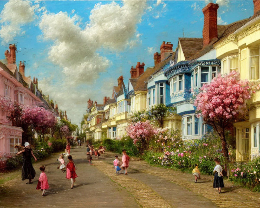 Colorful street scene with pink blossoming trees, vintage houses, and period attire.