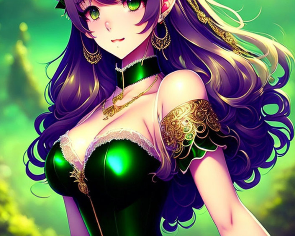 Illustration of female character with purple hair and green eyes in green setting