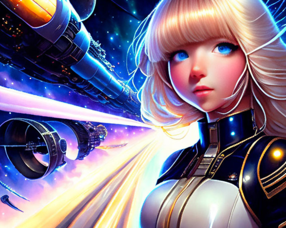 Blonde Anime-Style Girl in Futuristic Space Suit with Cosmic Background