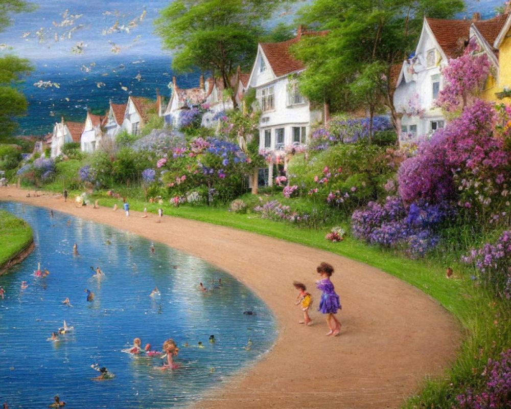 Colorful village painting by river with cottages, flowers, birds, and children playing.