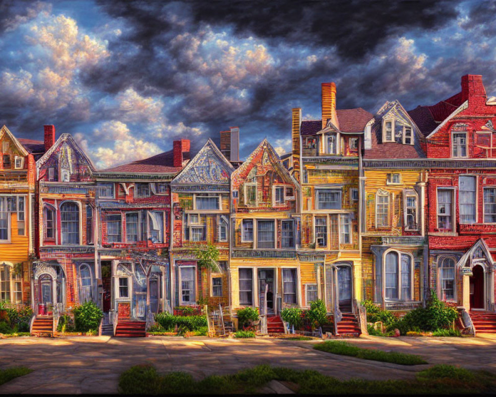 Colorful Victorian houses under dramatic sky with vibrant architectural details