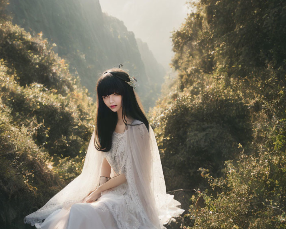 Long-haired person in white gown amidst greenery and mountains.