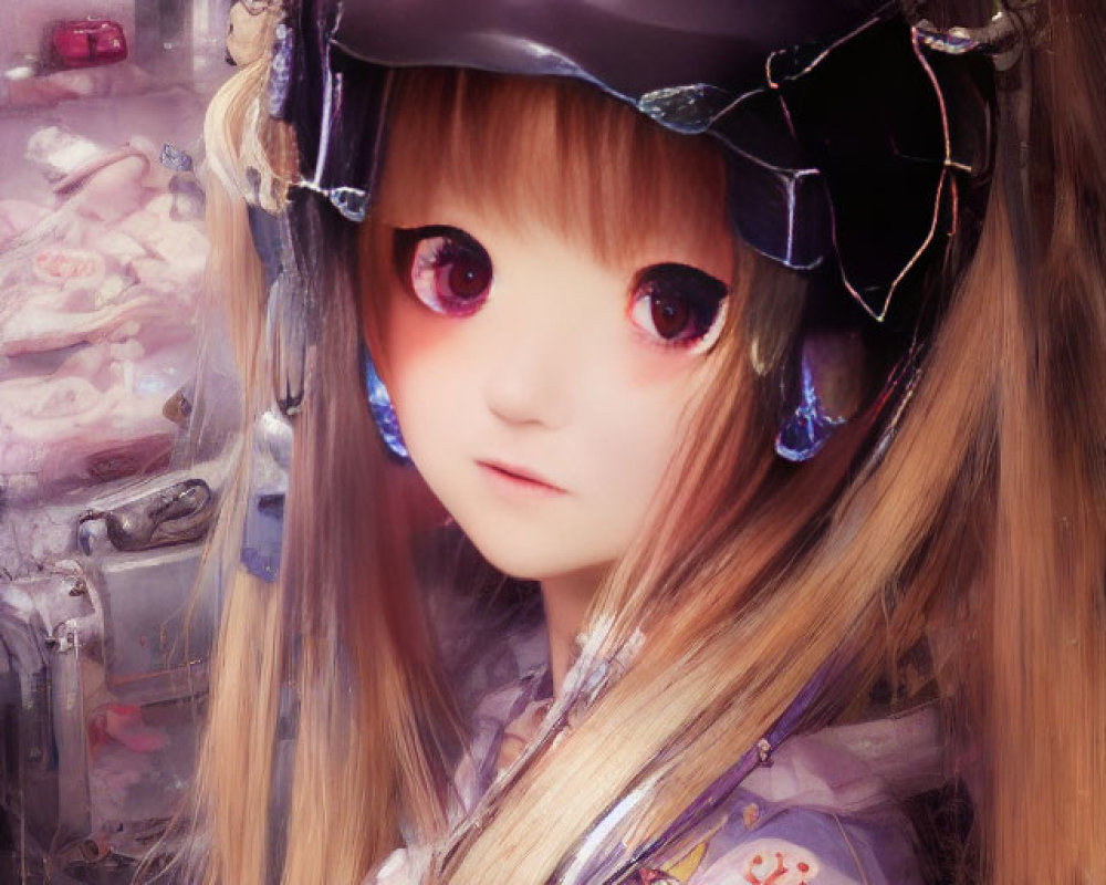 Girl with Purple Eyes and Futuristic Helmet in Mechanical Setting