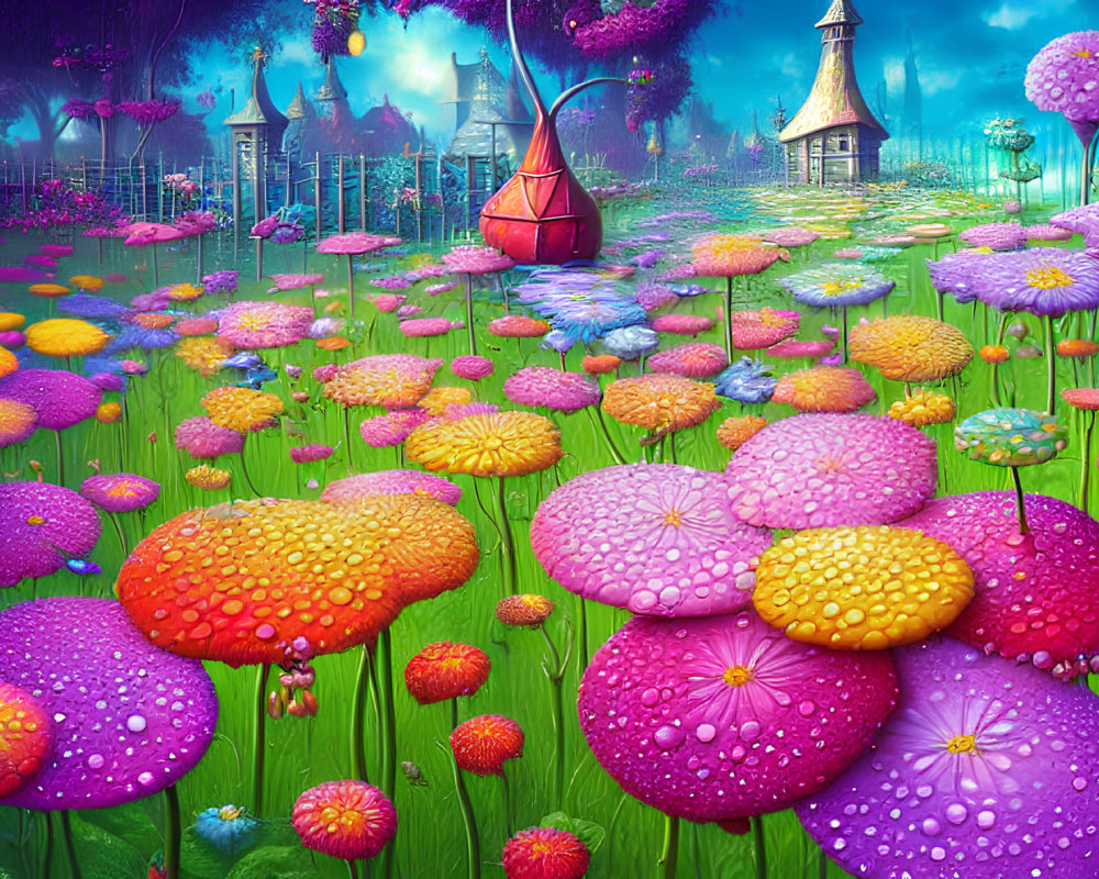 Fantasy landscape with oversized flowers, whimsical structures, and purple sky