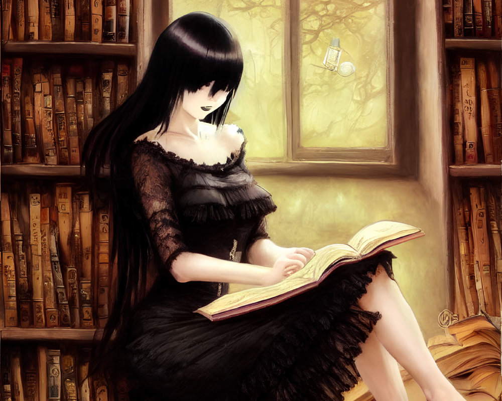 Gothic-style animated girl reading in warmly lit room