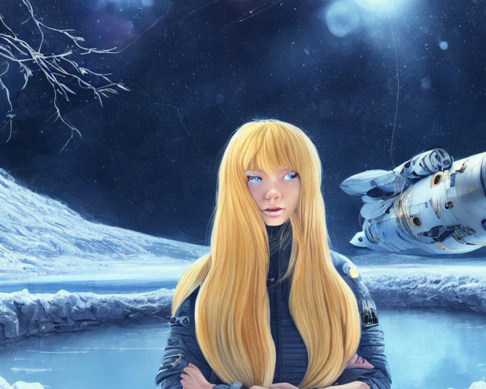 Long-haired woman in jacket in snowy landscape with spaceship and starry sky