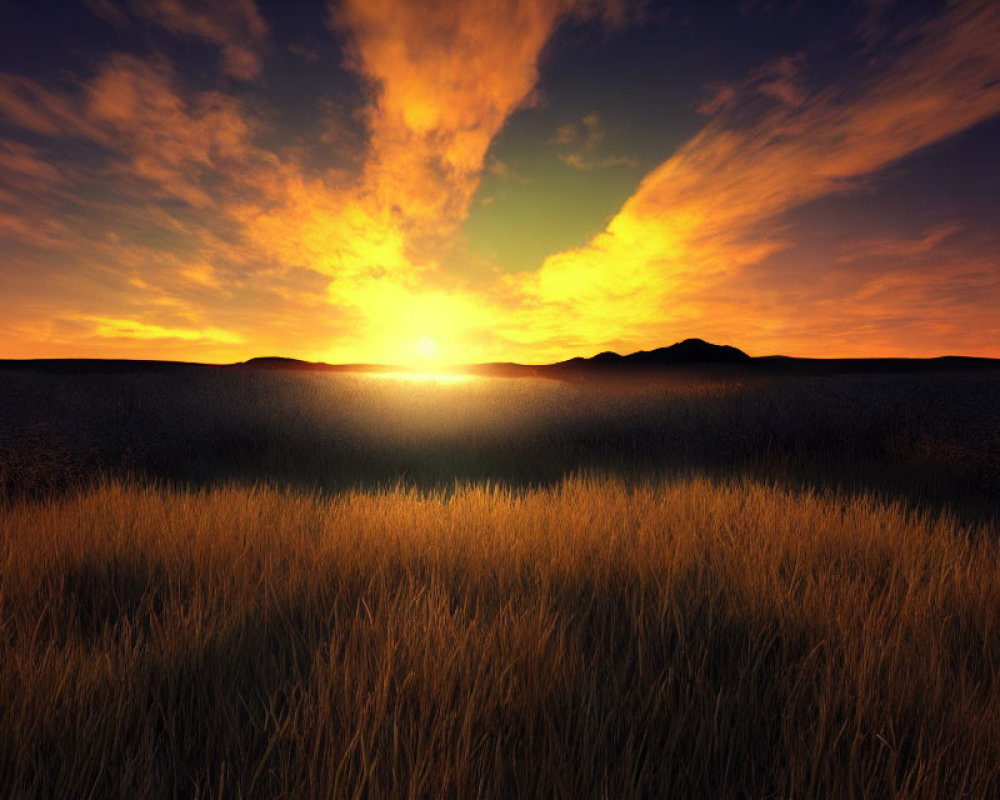 Scenic golden sunrise over serene field and mountains.