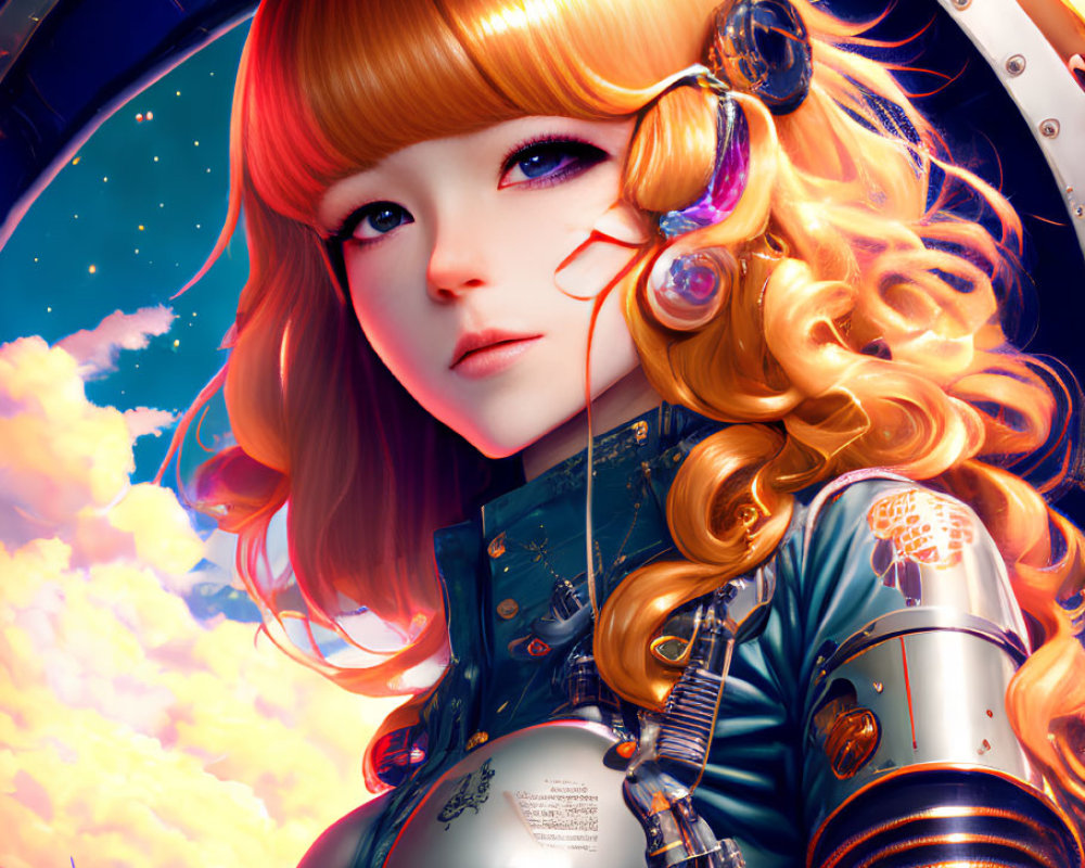 Anime-style digital artwork: Female character with orange wavy hair, futuristic headphones, and sci-fi armor