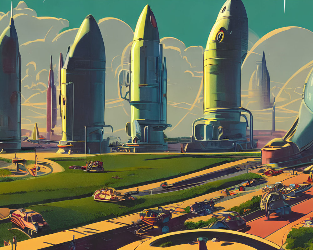 Sleek rockets and retrofuturistic vehicles at futuristic spaceport