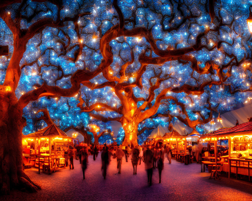 Vibrant outdoor market at dusk with cozy stalls and illuminated trees