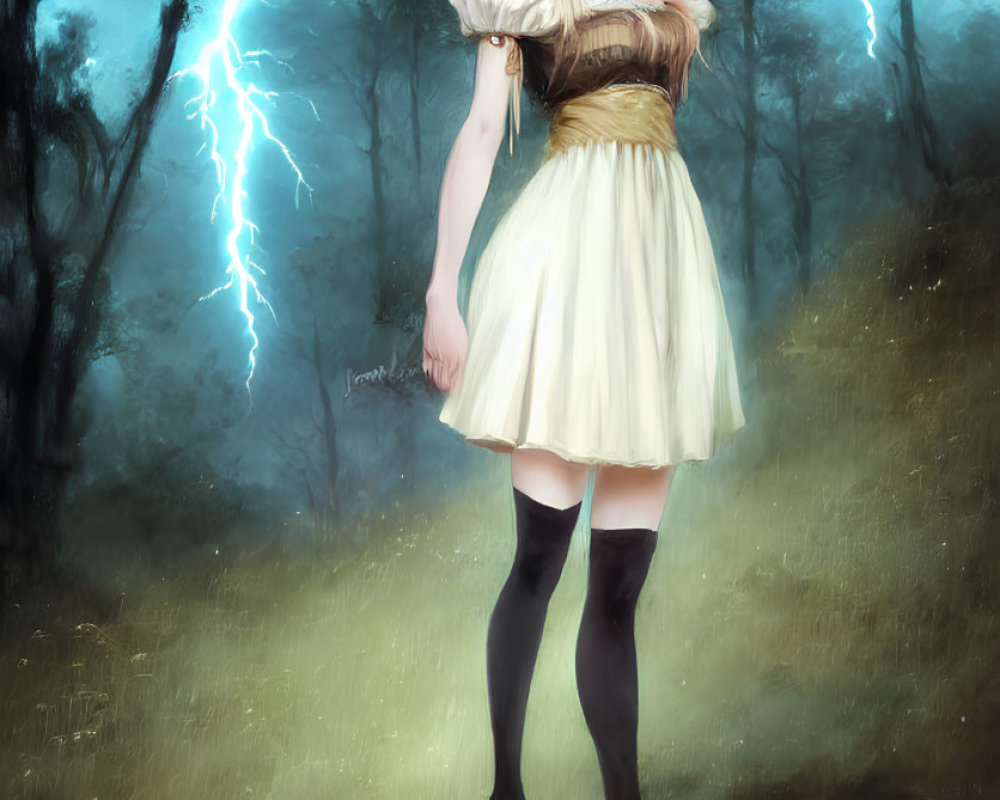 Blonde-Haired Anime Girl in White Dress in Mystical Forest