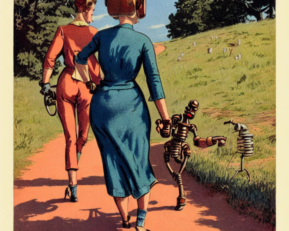 Vintage women with robot and robotic dog strolling on country path