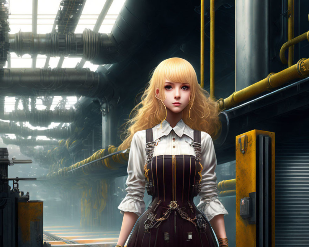 Blonde anime-style female character in dress in industrial setting