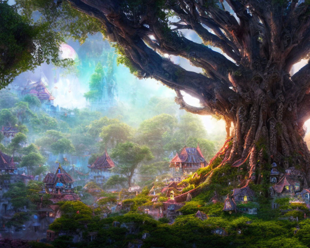 Mystical village and giant tree in enchanted forest scene