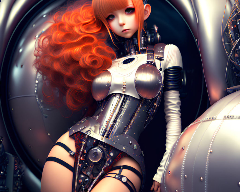 Stylized female android with red curly hair and metallic armor on tech background