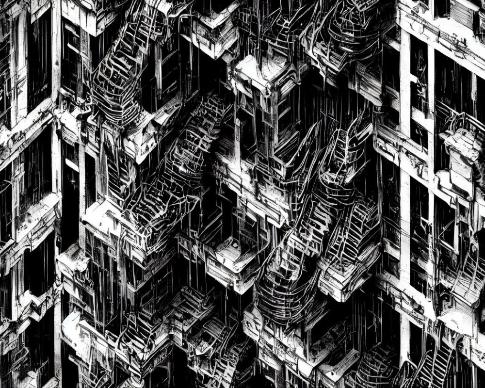 Detailed Monochrome Cityscape Illustration with Abstract Architecture