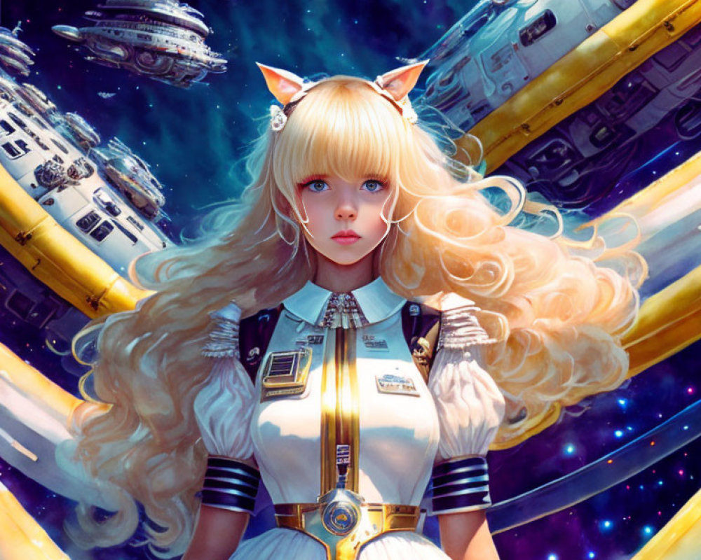 Blond-haired girl with cat ears in uniform against cosmic backdrop.