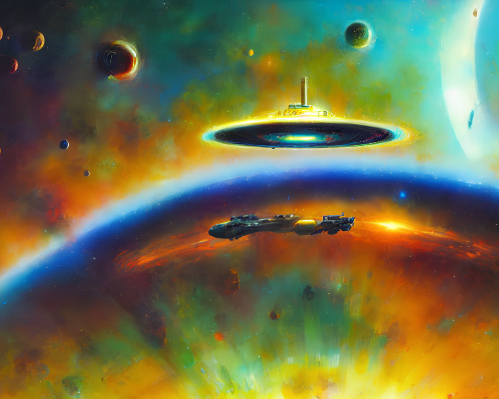 Colorful Space Scene with Spaceship, Nebula, Planets, and Ringed Celestial Body