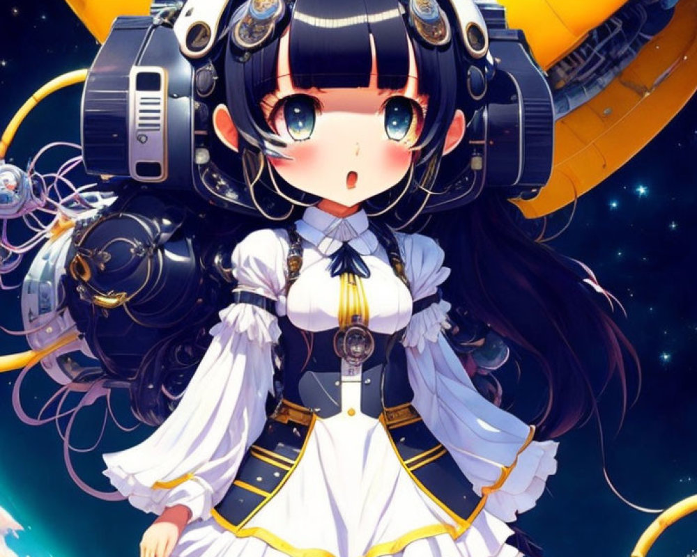 Anime girl in white dress with headset and large eyes, among yellow spaceships and stars