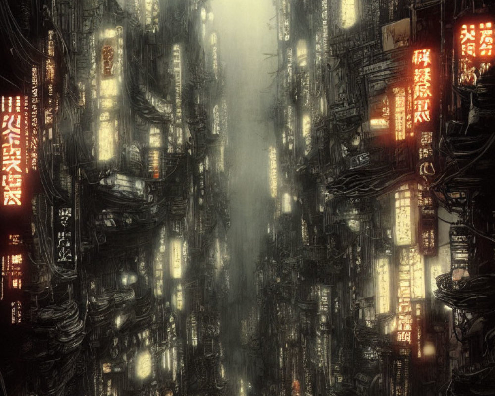 Dystopian cityscape with towering structures and neon signs