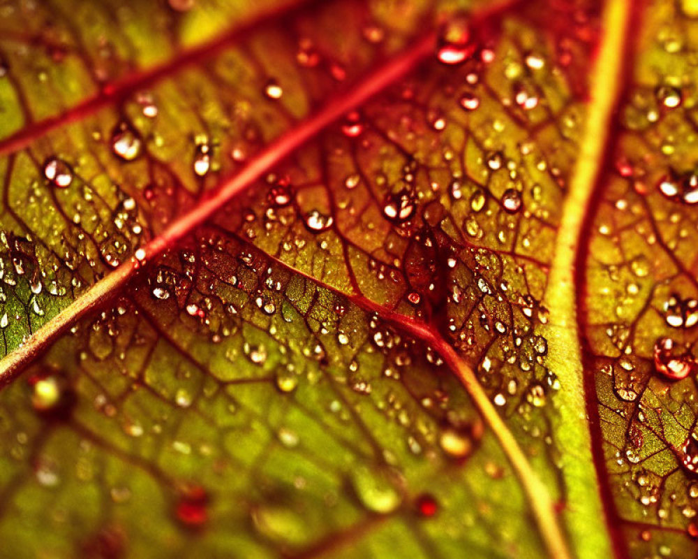 Detailed Close-Up of Green Leaf with Red Veins and Water Droplets