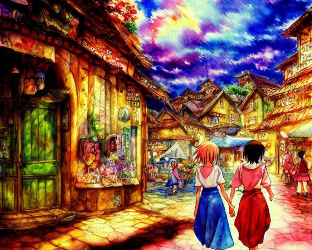 Vibrant sunset scene: Two girls stroll hand in hand down colorful street.