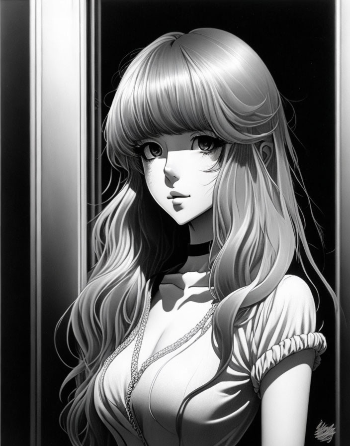 Detailed black and white illustration of young woman with flowing hair and bangs and necklace